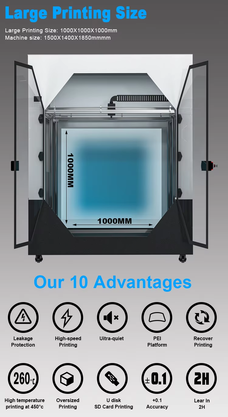 Clearance High Speed Industrial Grade 800mm/s Large Size 3D Printer Printing Range 1000*1000*1000 Furniture Customization