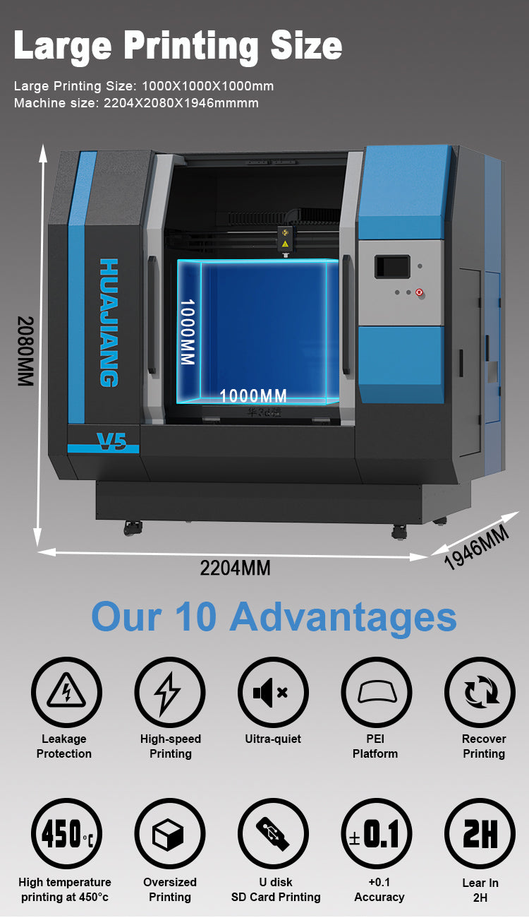 HJV5 large size composite 3D printer high speed 1500mm/s large flow6kg/24h Large Printing Size  1000*1000*1000mm CF PA PC Etc